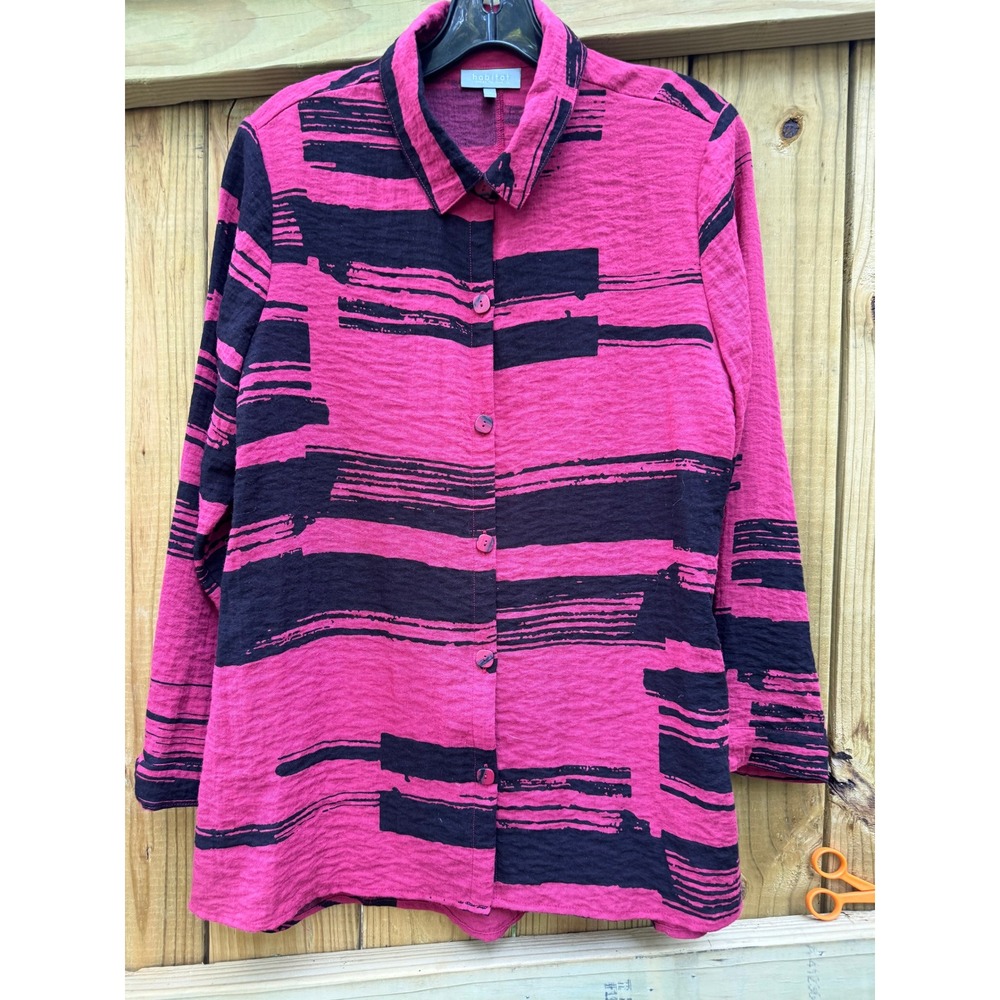 Habitat Button Down‎ Blouse Top Abstract Print Pink Black Womens